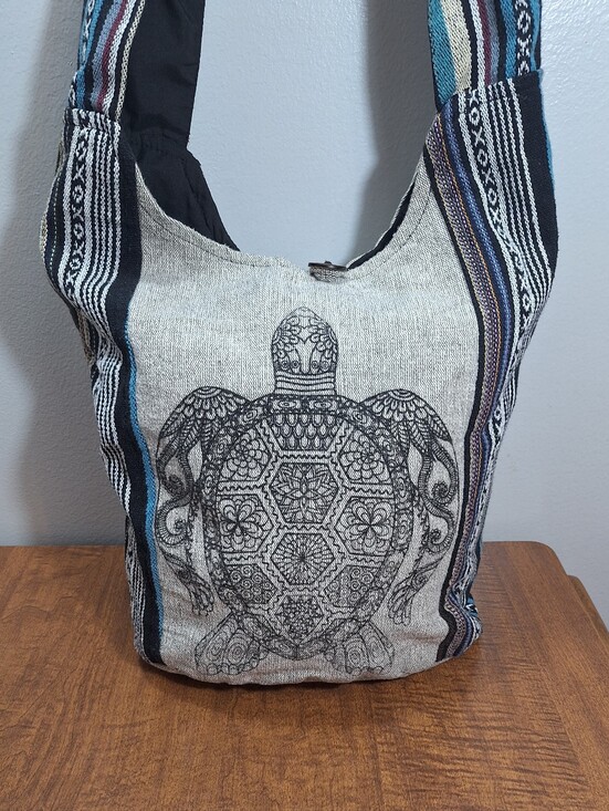 Kathmandu Imports Handbags - Handmade Cotton Sea Turtle Hobo Crossbody Sling Bag Wide Strap Gray Boho Hippie